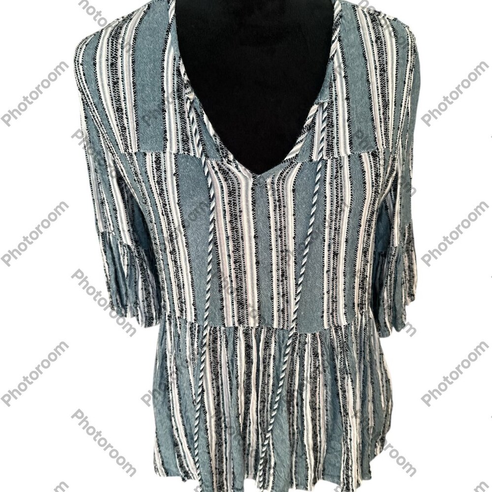 Blue Rain Striped Teal White Black Peplum Blouse